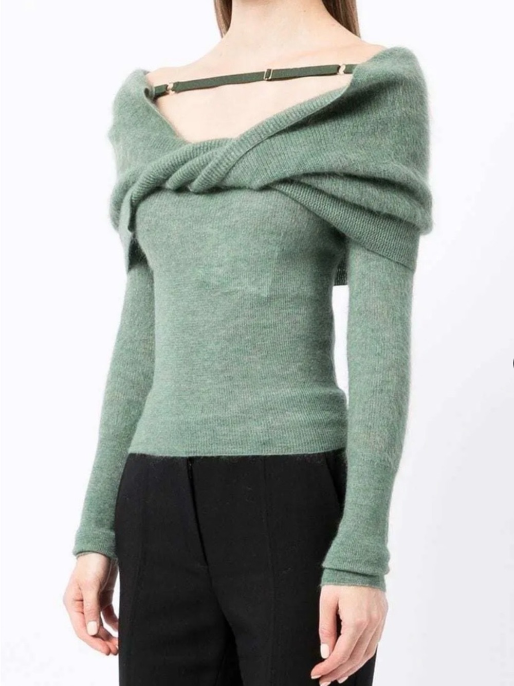 NWT Jacquemus Green Off-the-Shoulder La Maille Ascua Mohair Sweater